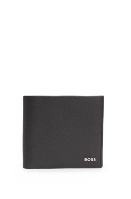 Logo-lettering card holder in grained leather, Dark Brown