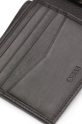 Logo-lettering card holder in grained leather, Dark Brown