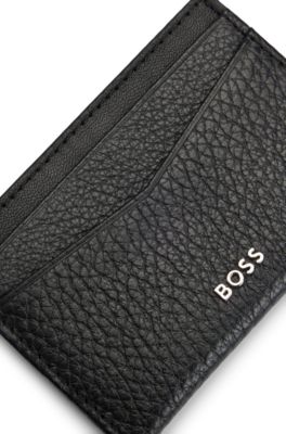 Logo-lettering card holder in grained leather, Black