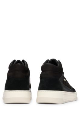 High-top trainers in mixed leathers, Black