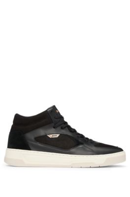 High-top trainers in mixed leathers, Black