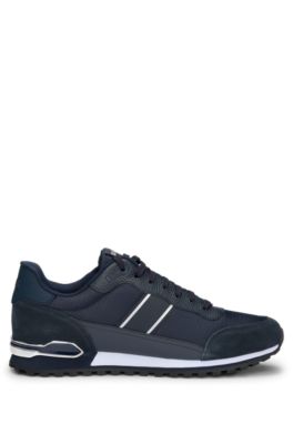 Mixed-material lace-up trainers with suede trims, Dark Blue