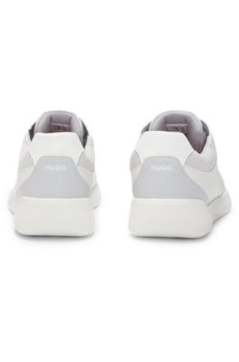 Faux-leather lace-up trainers with corduroy details, Light Grey