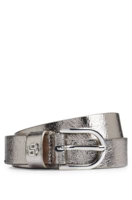 Hugo Boss Laminated-leather Belt With Double B Monogram In Dark Grey