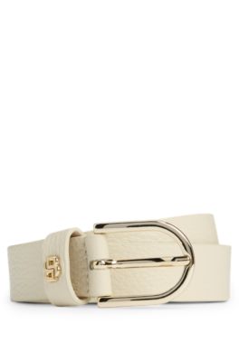Grained-leather belt with Double B monogram, White