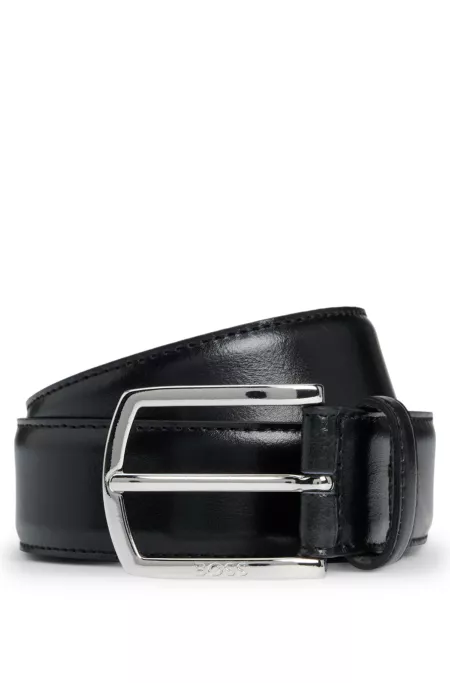 Italian-leather belt with polished logo buckle