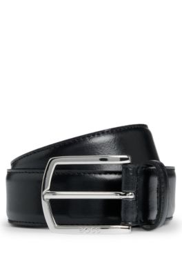 Italian-leather belt with polished logo buckle, Black