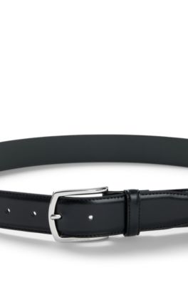 Italian-leather belt with polished logo buckle, Black