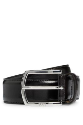 Italian-leather belt with polished logo buckle, Dark Brown