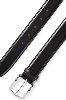 Ceinture en cuir italien avec boucle logo lustr&eacute;e, Marron fonc&eacute;