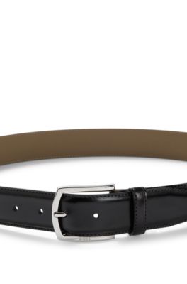 Ceinture en cuir italien avec boucle logo lustr&eacute;e, Marron fonc&eacute;
