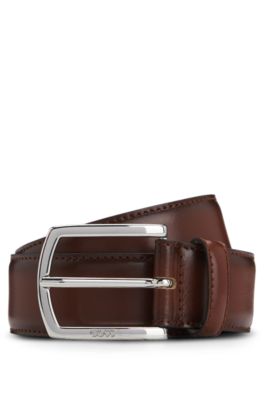 Italian-leather belt with polished logo buckle, Brown