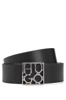 Cintur&oacute;n de piel con hebilla plateada pulida con logo, Negro