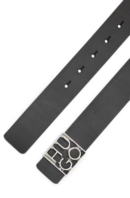 Cintur&oacute;n de piel con hebilla plateada pulida con logo, Negro