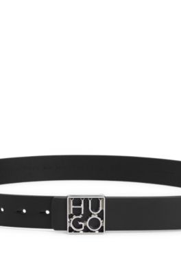 Cintur&oacute;n de piel con hebilla plateada pulida con logo, Negro