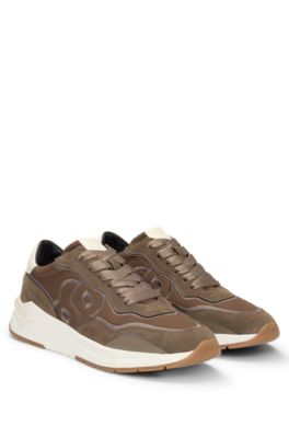 Hugo Boss Mixed-material Trainers With Double B Monogram In Brown