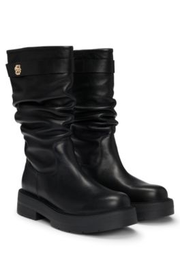 Hugo Boss Leather Boots With Relaxed Profile And Double B Monogram In Black