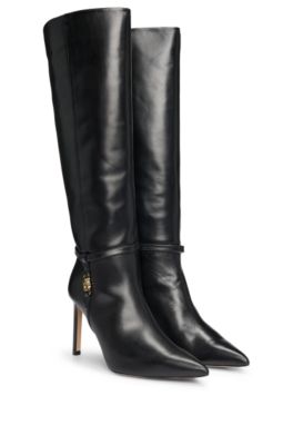 Hugo Boss Leather Knee Boots With Double B Monogram In Black
