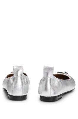 Metallic-leather ballerina pumps with Double B monogram, Silver