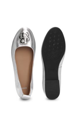 Metallic-leather ballerina pumps with Double B monogram, Silver