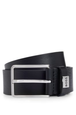 Ceinture en cuir italien avec passant logot&eacute;, Noir
