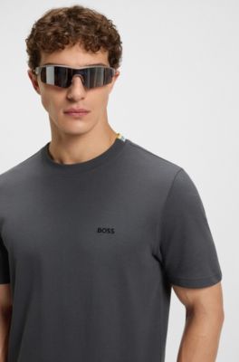 T-shirt en piqu&eacute; de coton avec dos de col &agrave; tissage jacquard, Gris sombre