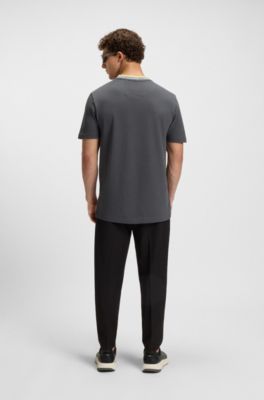 T-shirt en piqu&eacute; de coton avec dos de col &agrave; tissage jacquard, Gris sombre