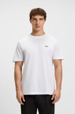 T-shirt en piqu&eacute; de coton avec dos de col &agrave; tissage jacquard, Blanc