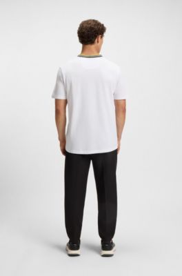 T-shirt en piqu&eacute; de coton avec dos de col &agrave; tissage jacquard, Blanc