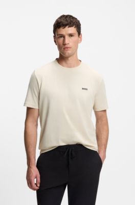 T-shirt en piqu&eacute; de coton avec dos de col &agrave; tissage jacquard, Blanc