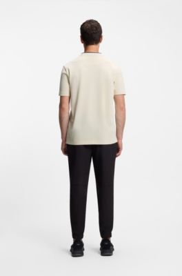 T-shirt en piqu&eacute; de coton avec dos de col &agrave; tissage jacquard, Blanc