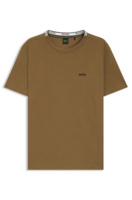 T-shirt en piqu&eacute; de coton avec dos de col &agrave; tissage jacquard, Marron