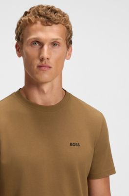 T-shirt en piqu&eacute; de coton avec dos de col &agrave; tissage jacquard, Marron