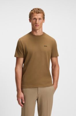T-shirt en piqu&eacute; de coton avec dos de col &agrave; tissage jacquard, Marron