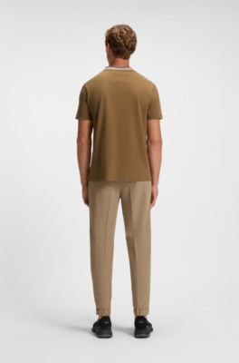 T-shirt en piqu&eacute; de coton avec dos de col &agrave; tissage jacquard, Marron