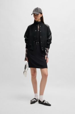 Cropped bomber jacket with faux-leather sleeves, Black