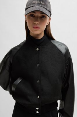 Cropped bomber jacket with faux-leather sleeves, Black