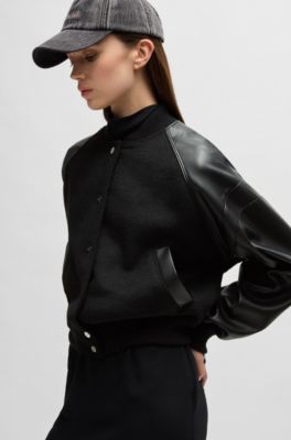 Cropped bomber jacket with faux-leather sleeves, Black