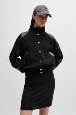 Cropped bomber jacket with faux-leather sleeves, Black
