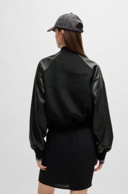 Cropped bomber jacket with faux-leather sleeves, Black