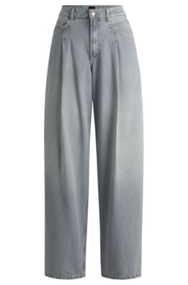 Wide-leg jeans in gray denim with front pleats, Dark Grey