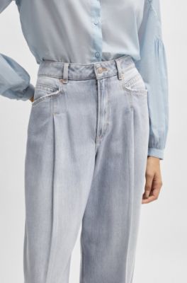 Wide-leg jeans in gray denim with front pleats, Dark Grey