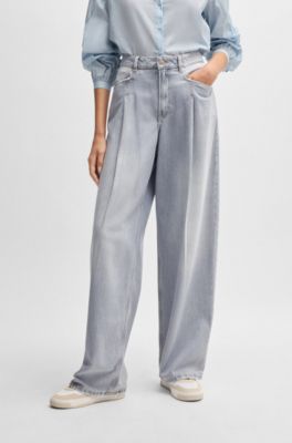 Wide-leg jeans in gray denim with front pleats, Dark Grey