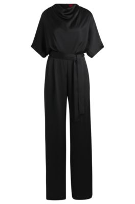 Cowl-neck regular-fit jumpsuit in fluent satin, Black