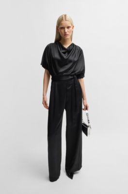 Cowl-neck regular-fit jumpsuit in fluent satin, Black