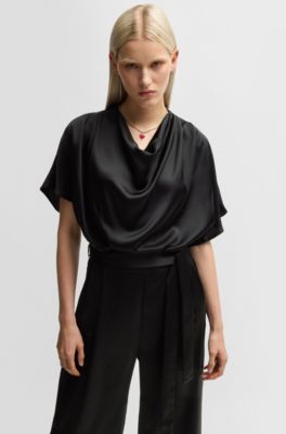 Cowl-neck regular-fit jumpsuit in fluent satin, Black