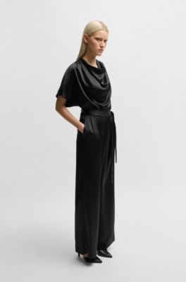 Cowl-neck regular-fit jumpsuit in fluent satin, Black