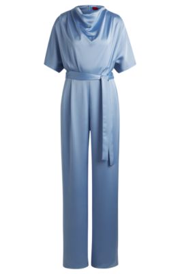 Cowl-neck regular-fit jumpsuit in fluent satin, Light Blue