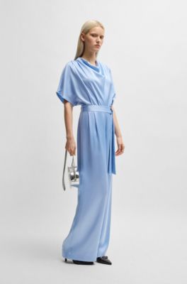 Cowl-neck regular-fit jumpsuit in fluent satin, Light Blue