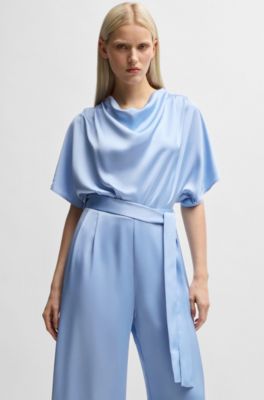 Cowl-neck regular-fit jumpsuit in fluent satin, Light Blue